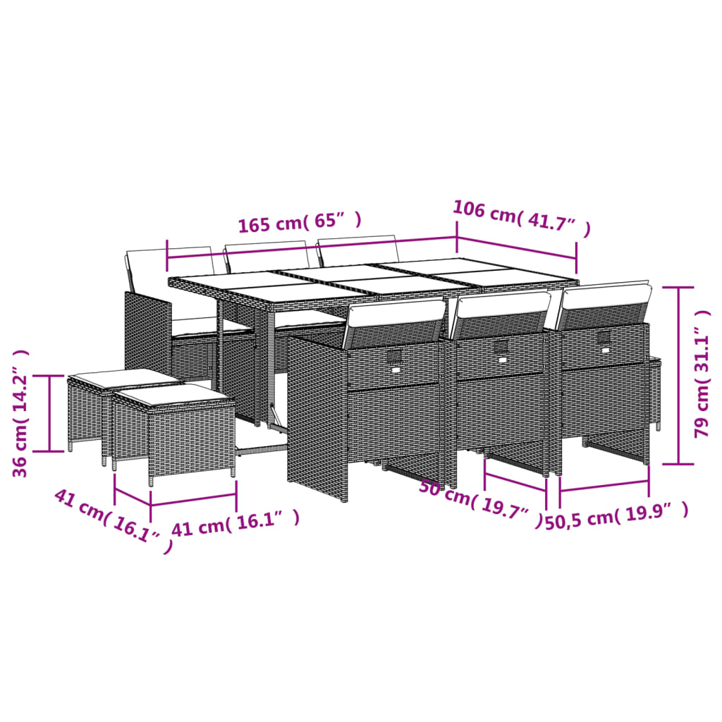 11-delige tuinset met kussens, grijs polyrotan
