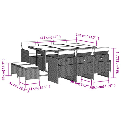 11-delige tuinset met kussens, grijs polyrotan