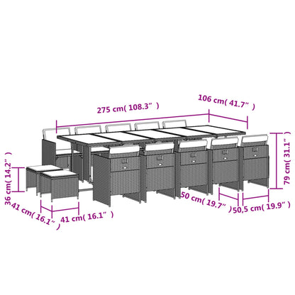 15-delige tuinset met kussens, grijs polyrotan