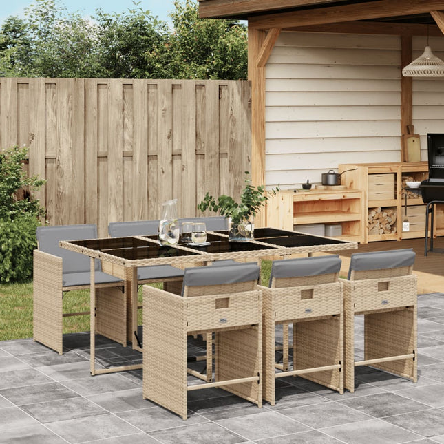 7-delige Tuinset met kussens poly rattan gemengd beige