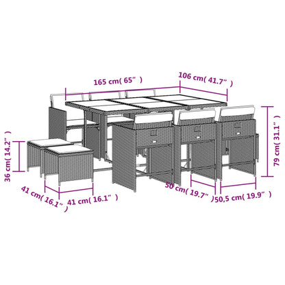 11-delige tuinset met kussens, grijs polyrotan