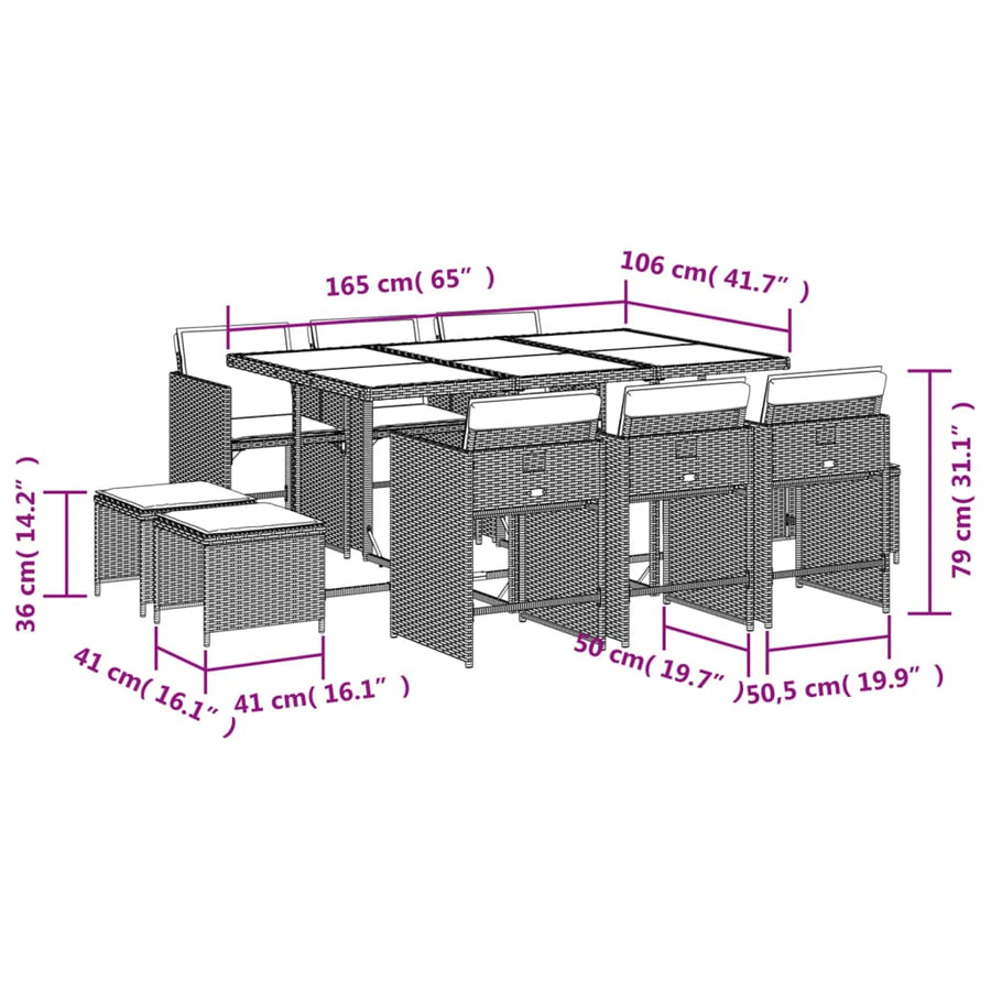 11-delige tuinset met kussens, grijs polyrotan