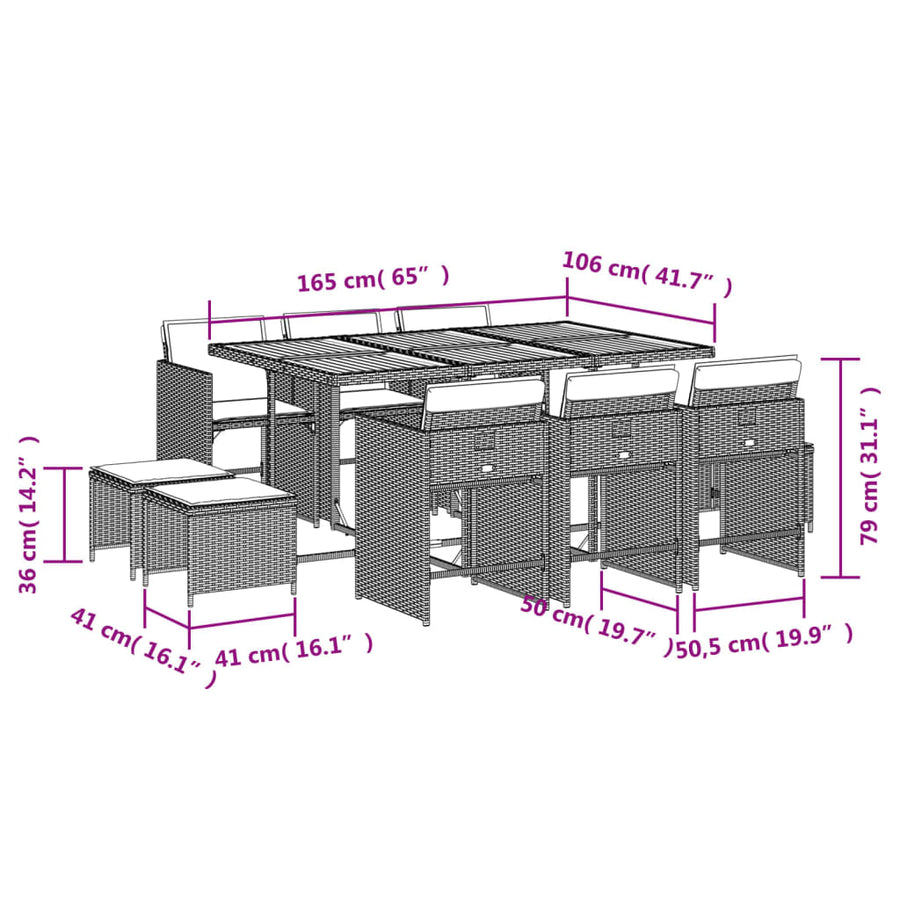 11-delige tuinset met kussens, grijs polyrotan