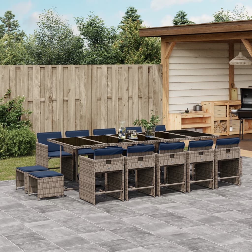 15-delige tuinset met kussens, grijs polyrotan