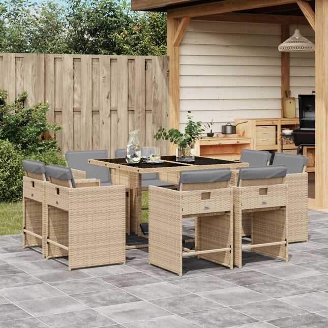 9-delige Tuinset met kussens poly rattan gemengd beige