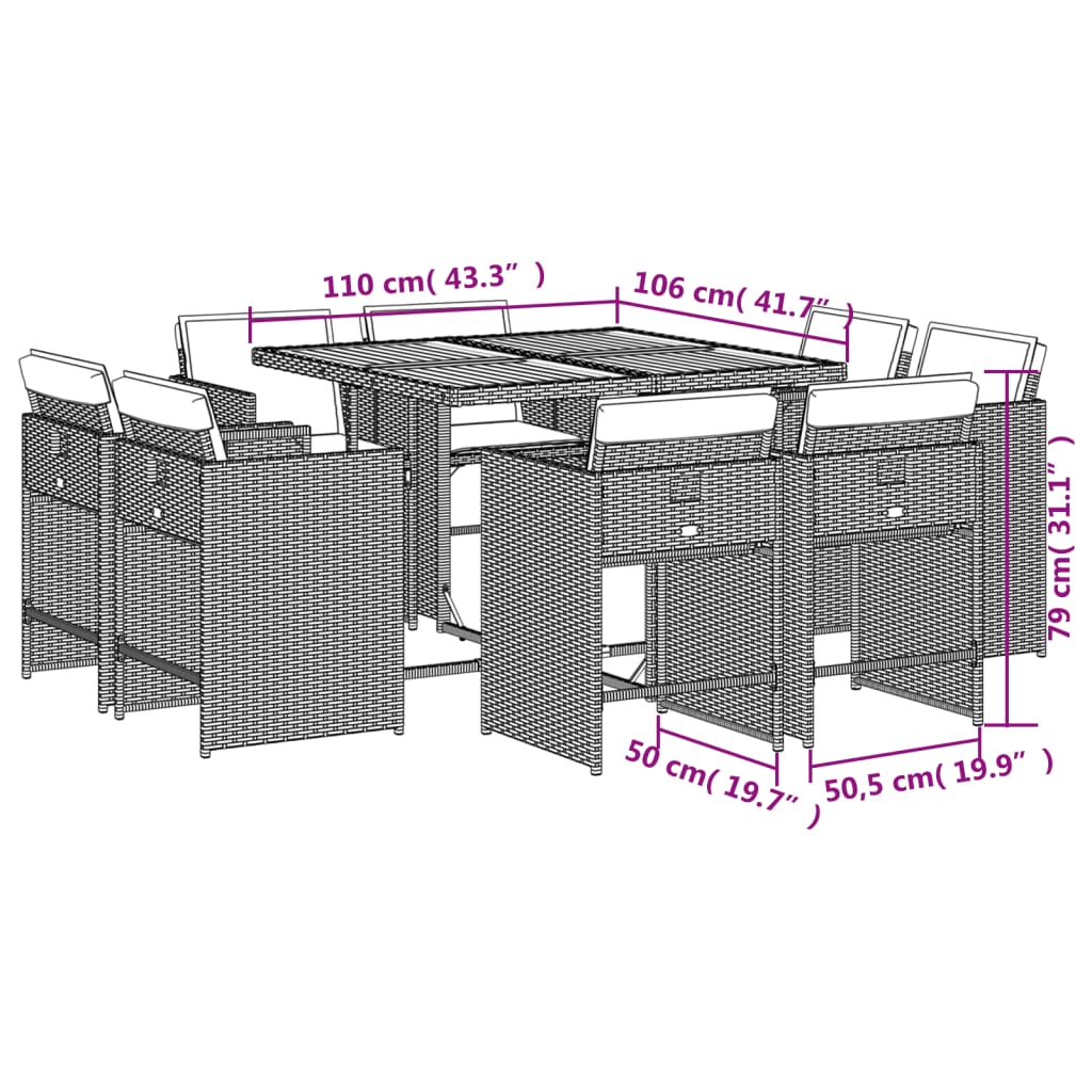 9-delige tuinset met kussens, grijs polyrotan