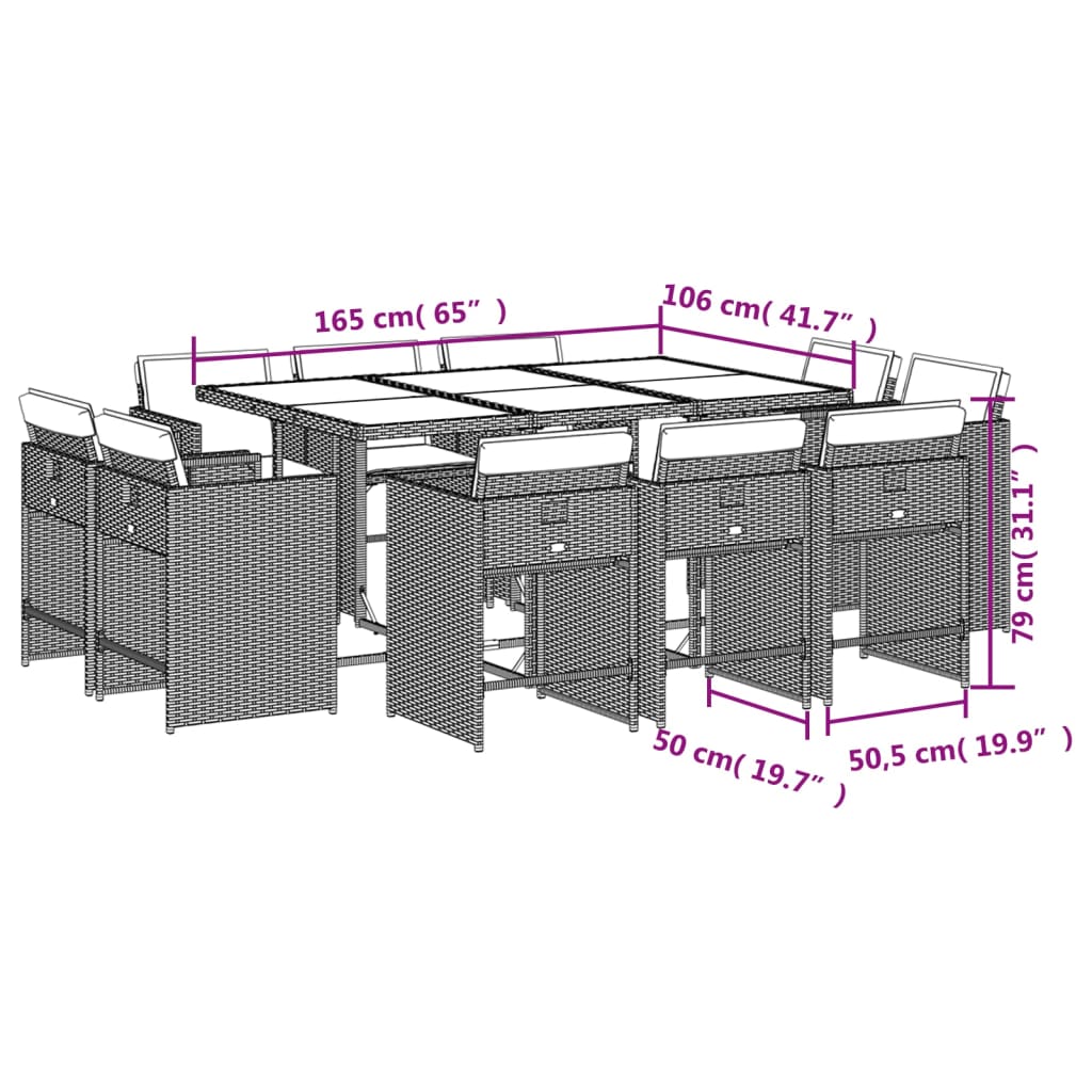 11-delige tuinset met kussens, grijs polyrotan