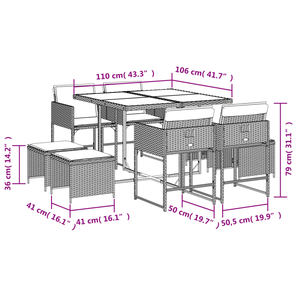 9-delige tuinset met kussens, grijs polyrotan