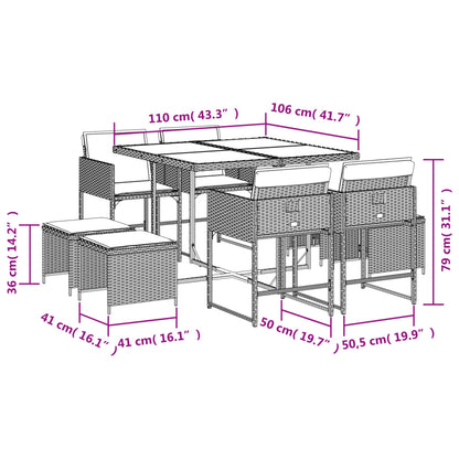 9-delige tuinset met kussens, grijs polyrotan