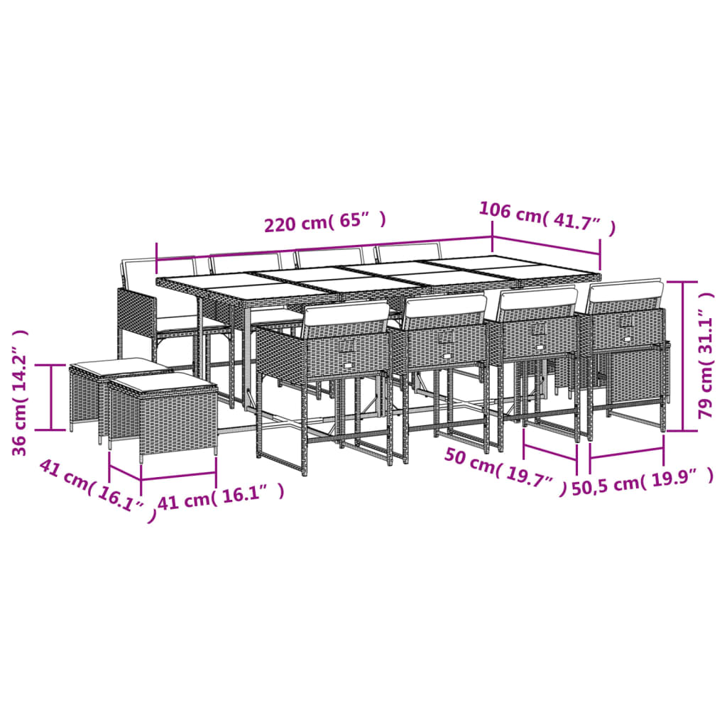 13-delige Tuinset met kussens poly rattan gemengd beige
