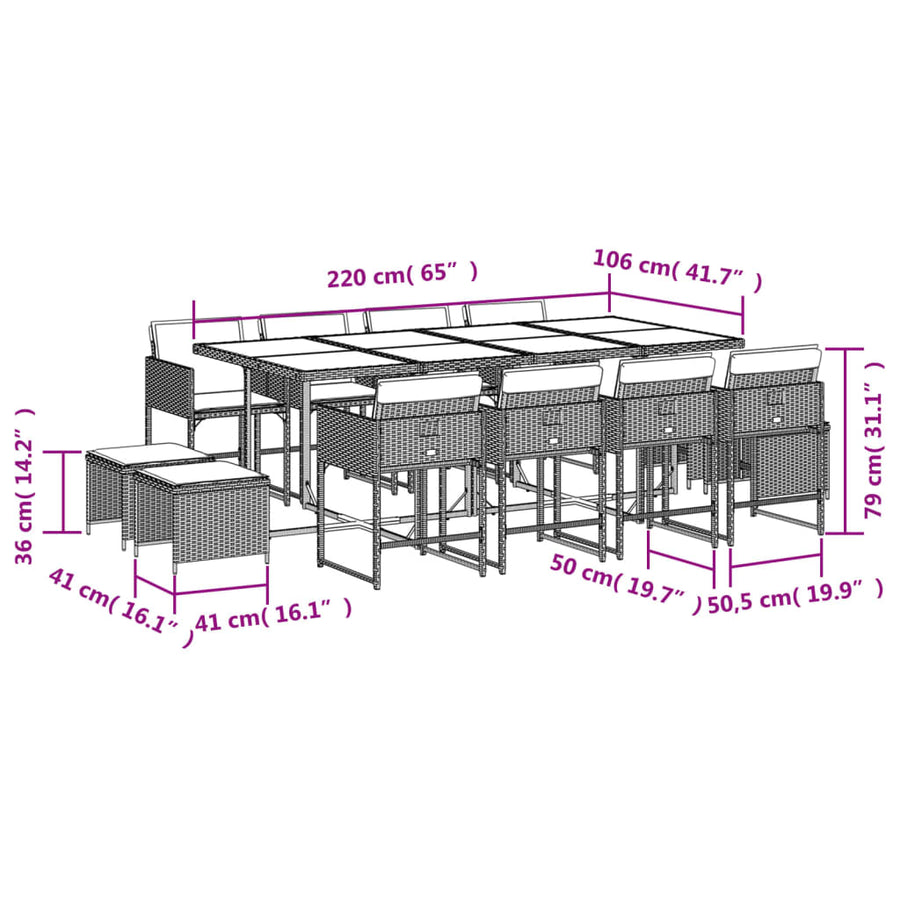 13-delige Tuinset met kussens poly rattan gemengd beige