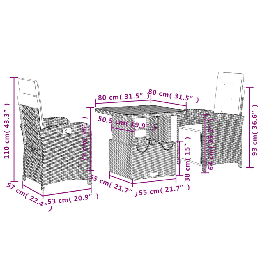 3-Delige Tuinset Met Kussens Poly Rattan Zwart