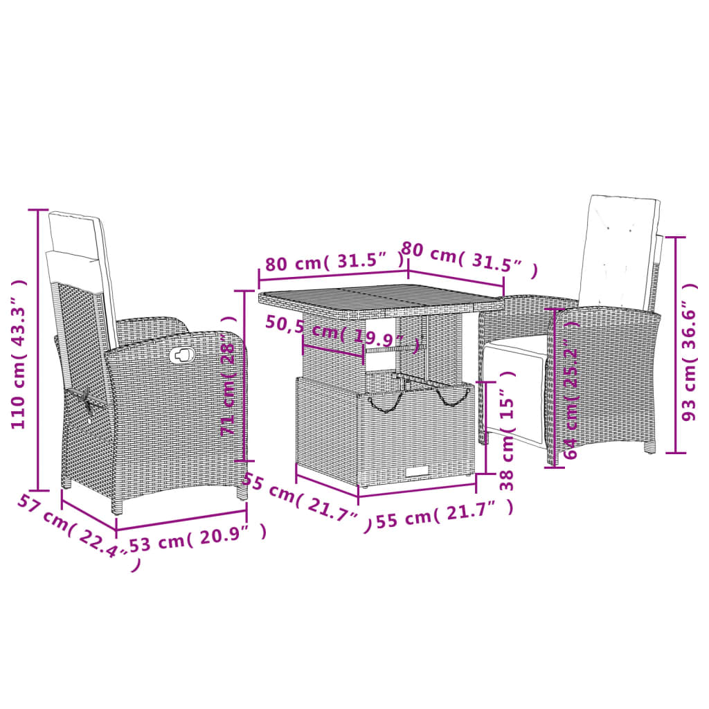 3-Delige Tuinset Met Kussens Poly Rattan Beige
