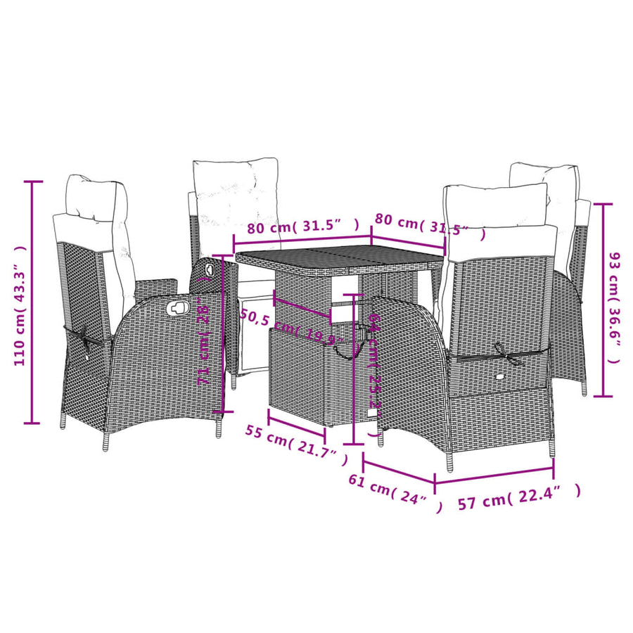 5-delige Tuinset met kussens poly rattan zwart