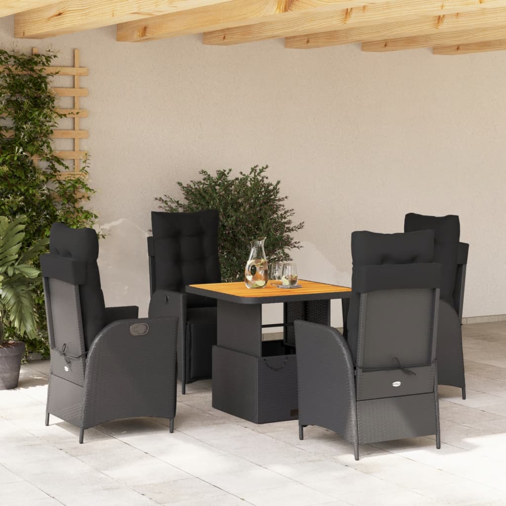 5-delige Tuinset met kussens poly rattan zwart