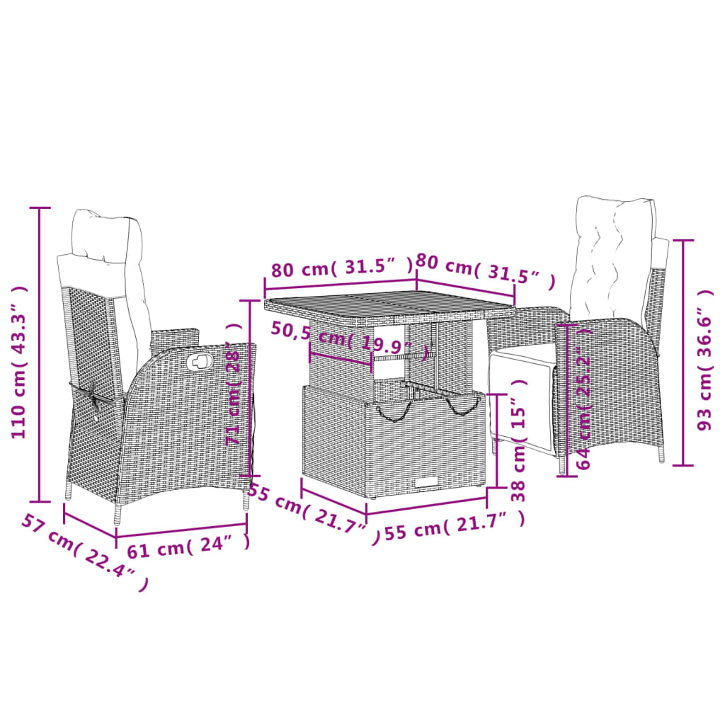 3-delige Tuinset met kussens poly rattan grijs