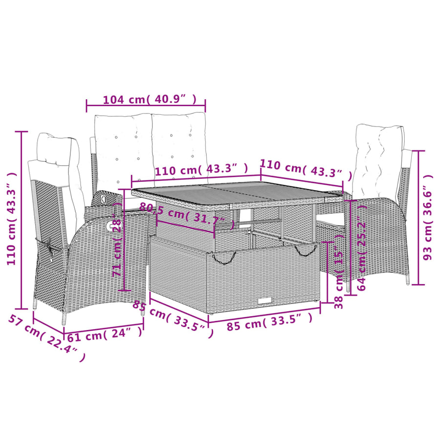 4-delige Tuinset met kussens poly rattan beige
