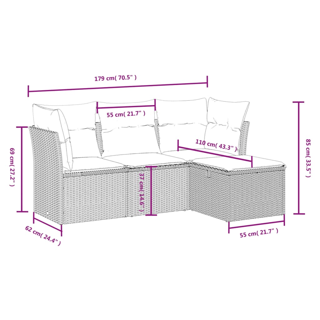 4-Delige Loungeset Met Kussens Poly Rattan Grijs