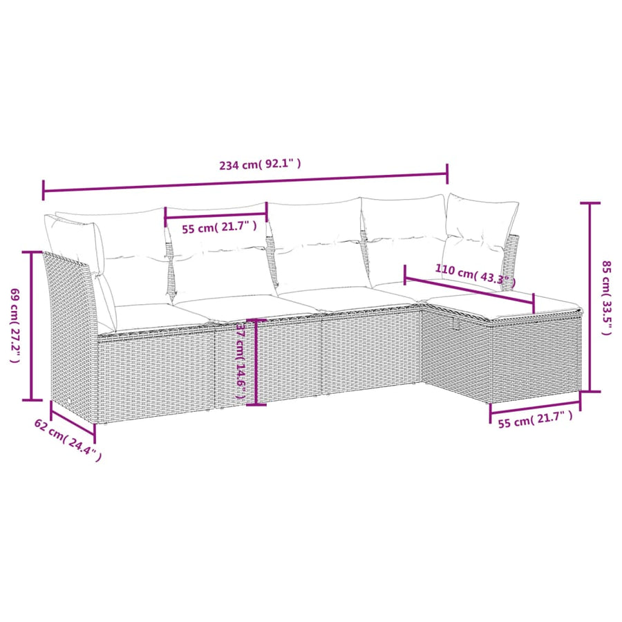 5-delige Loungeset met kussens poly rattan beige