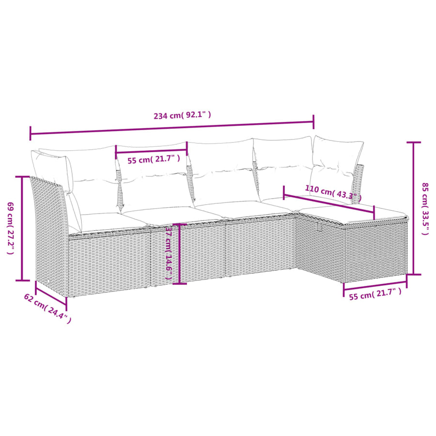 5-Delige Loungeset Met Kussens Poly Rattan Grijs