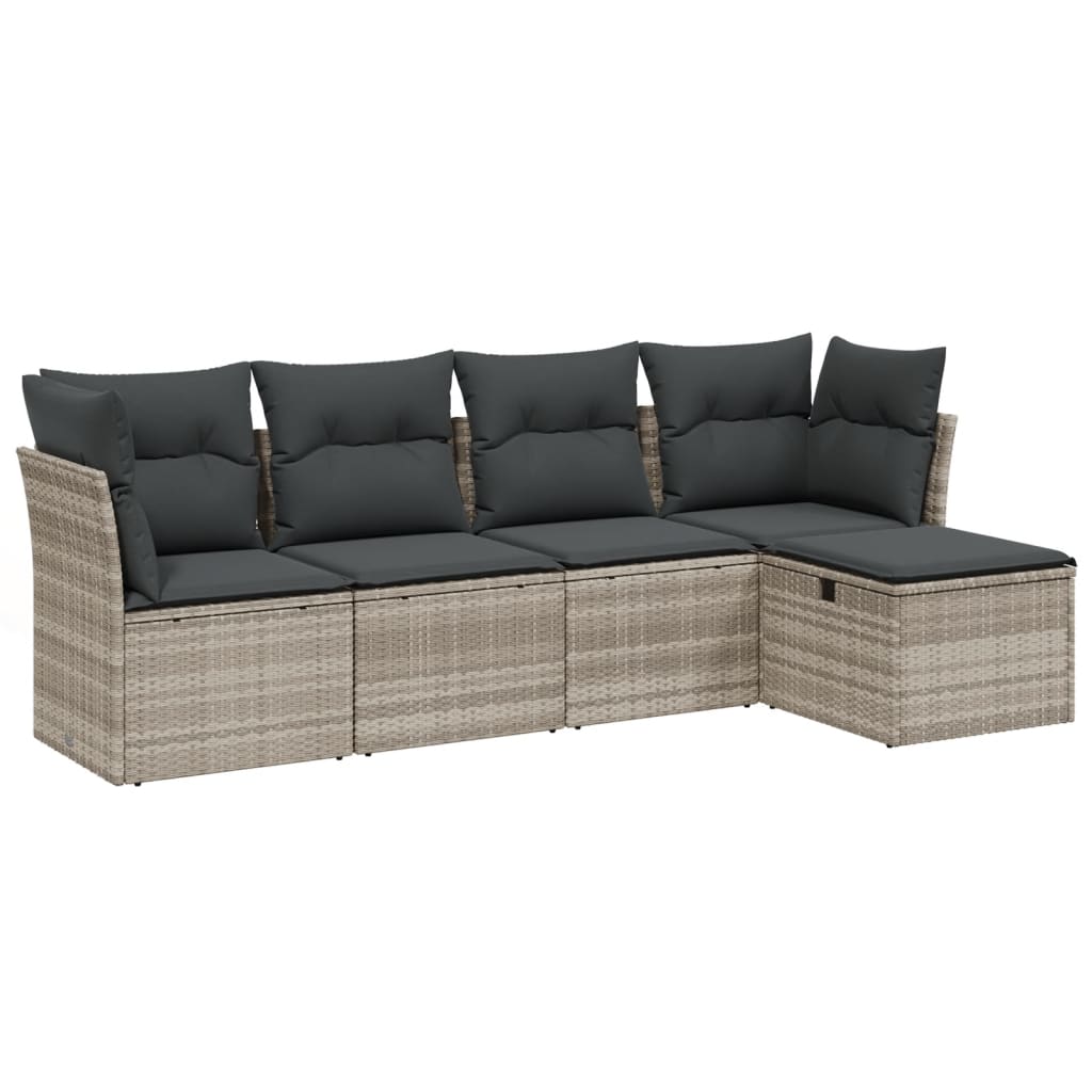 5-delige Loungeset met kussens poly rattan lichtgrijs