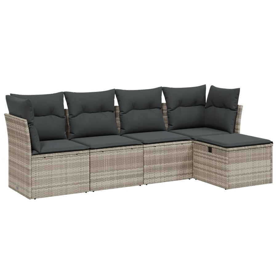 5-delige Loungeset met kussens poly rattan lichtgrijs