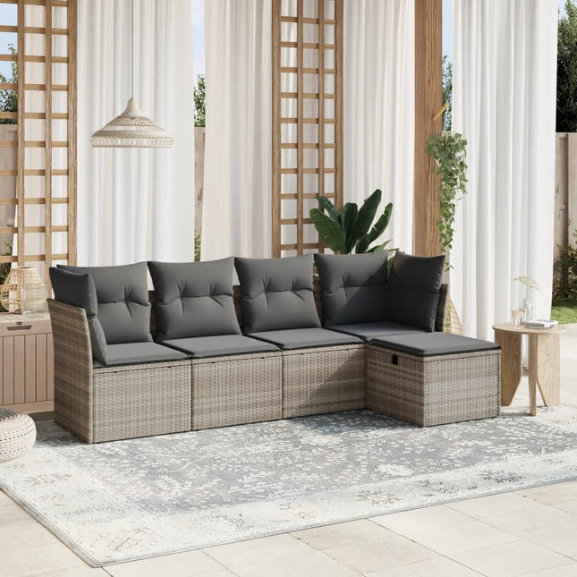 5-delige Loungeset met kussens poly rattan lichtgrijs