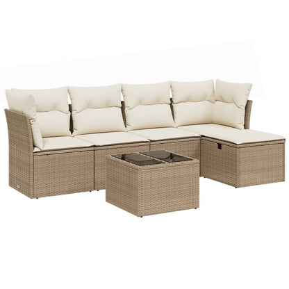 6-delige Loungeset met kussens poly rattan beige