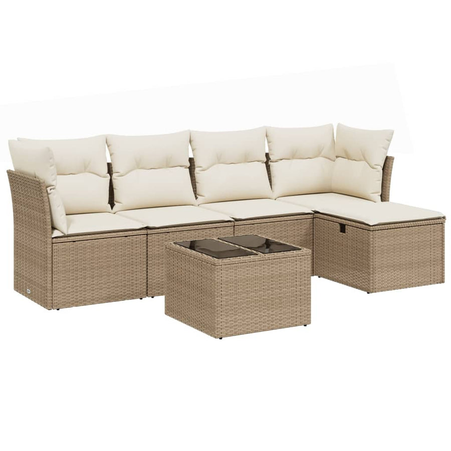 6-delige Loungeset met kussens poly rattan beige