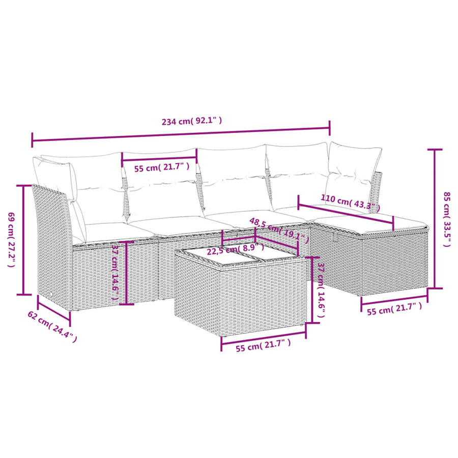 6-delige Loungeset met kussens poly rattan beige
