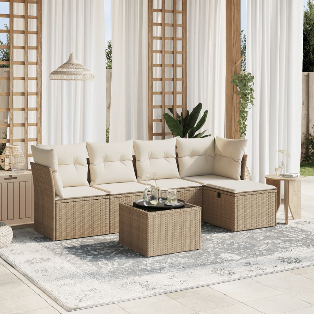 6-delige Loungeset met kussens poly rattan beige