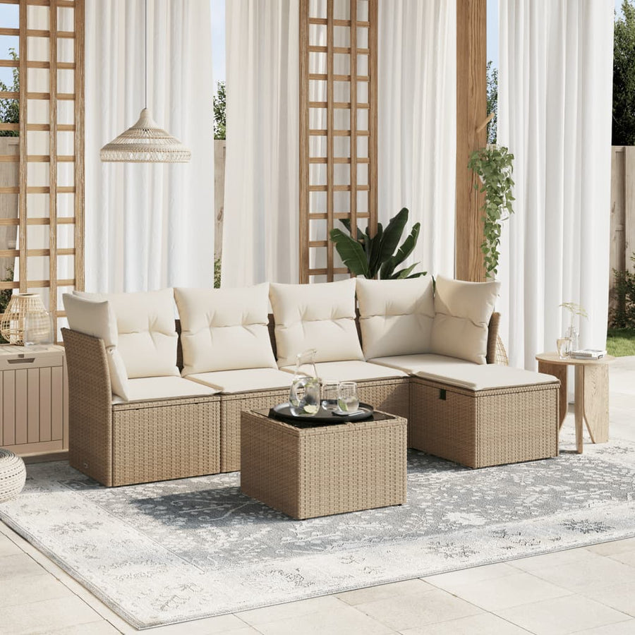 6-delige Loungeset met kussens poly rattan beige