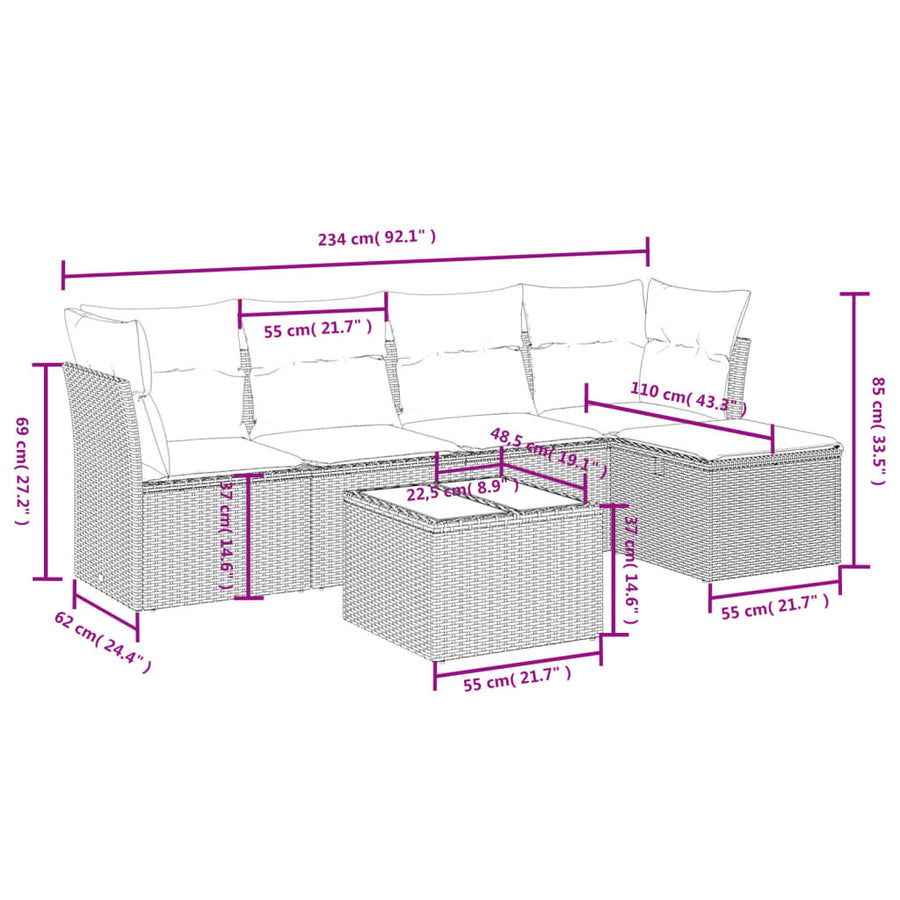 6-Delige Loungeset Met Kussens Poly Rattan Grijs
