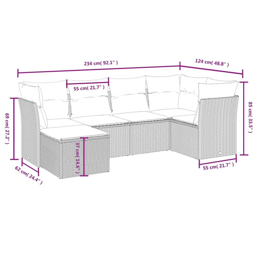 6-delige Loungeset met kussens poly rattan lichtgrijs