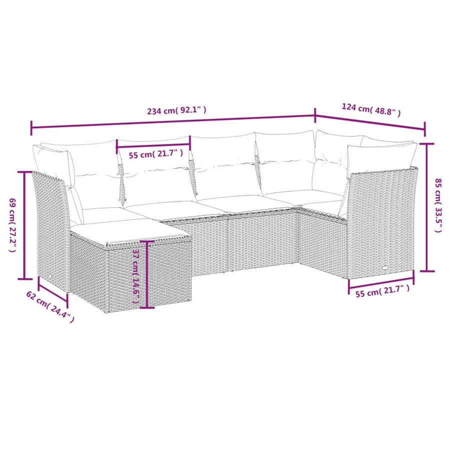 6-delige Loungeset met kussens poly rattan lichtgrijs