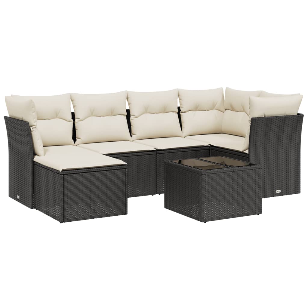 7-delige Loungeset met kussens poly rattan zwart