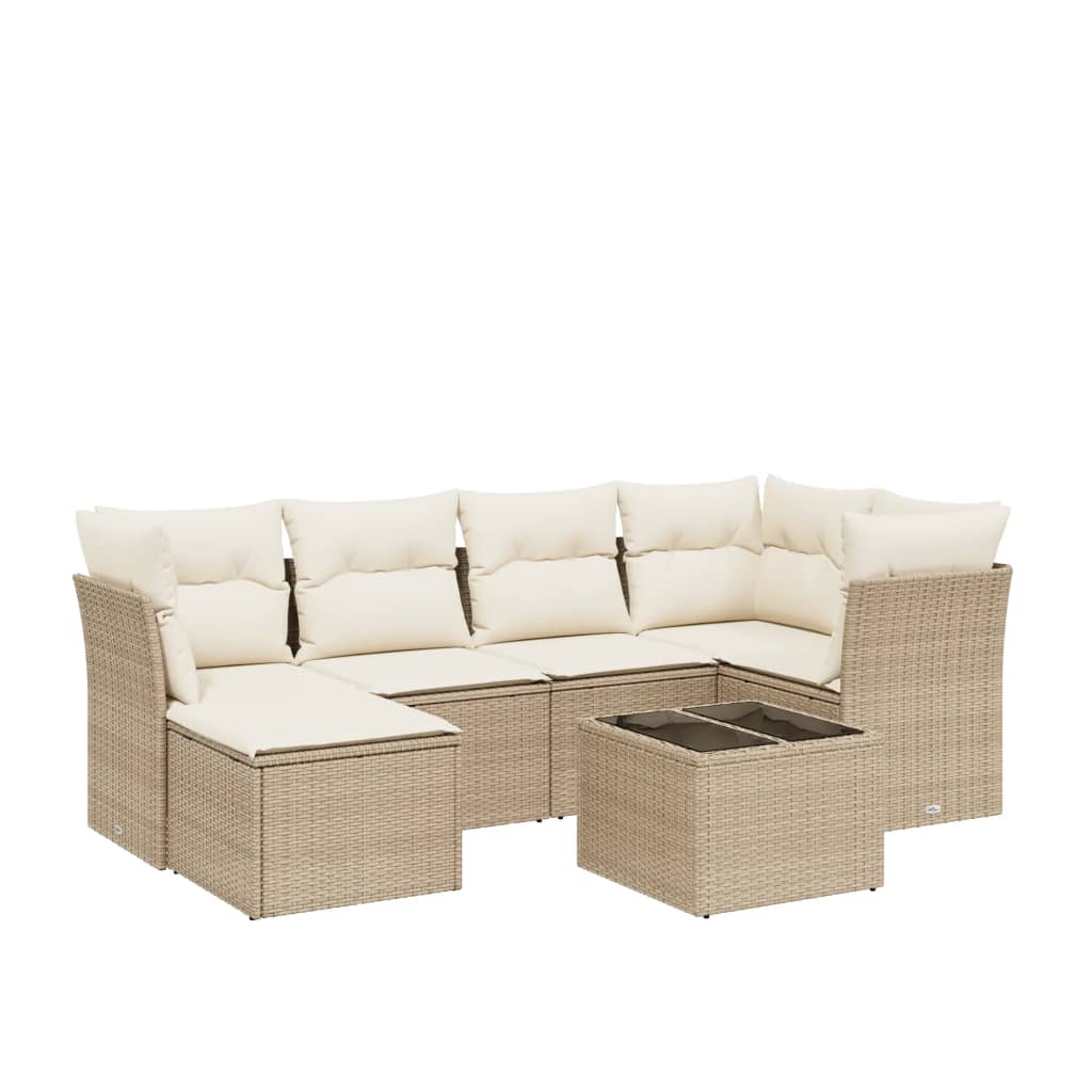 7-delige Loungeset met kussens poly rattan beige