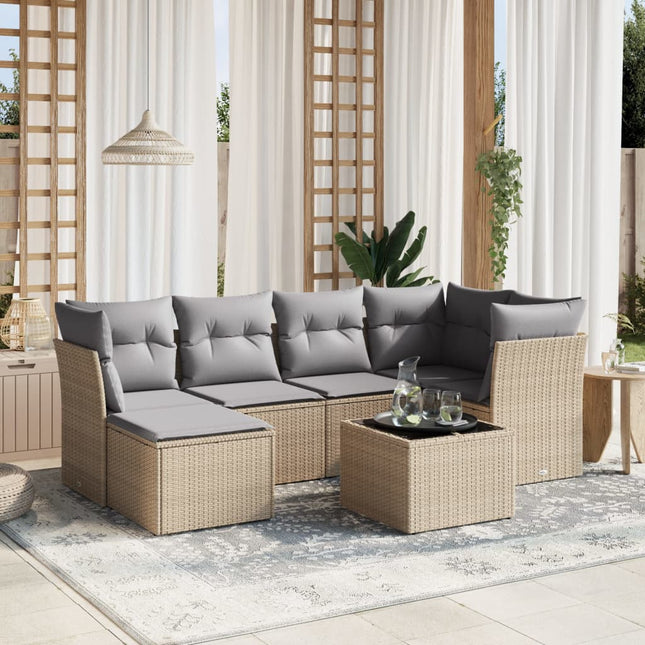 7-Delige Loungeset Met Kussens Poly Rattan Gemengd Beige