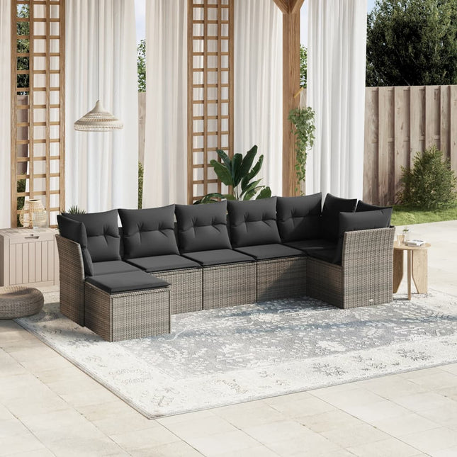 7-delige Loungeset met kussens poly rattan lichtgrijs