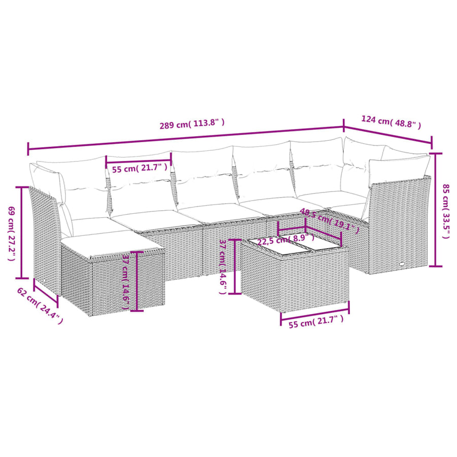 8-Delige Loungeset Met Kussens Poly Rattan Grijs