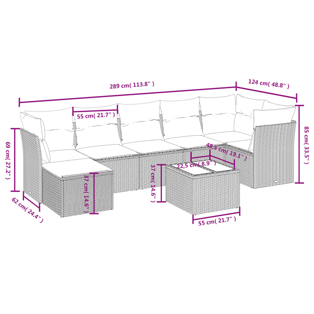 8-delige Loungeset met kussens poly rattan lichtgrijs