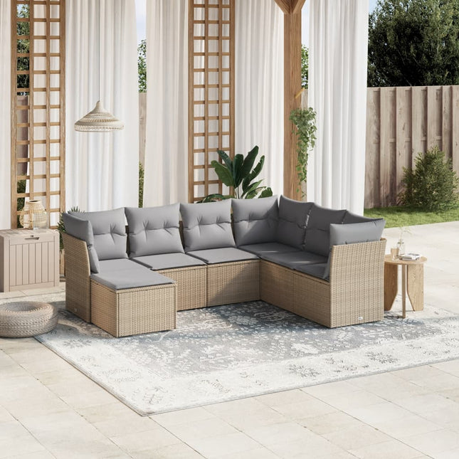 7-Delige Loungeset Met Kussens Poly Rattan Gemengd Beige