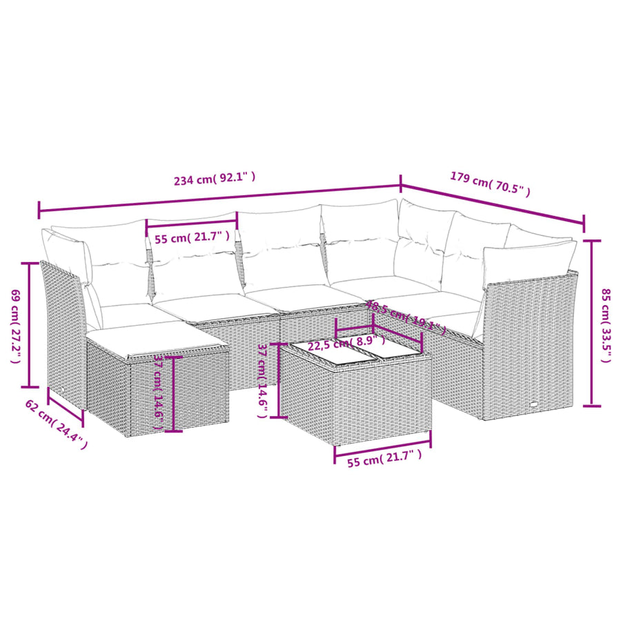 8-Delige Loungeset Met Kussens Poly Rattan Gemengd Beige
