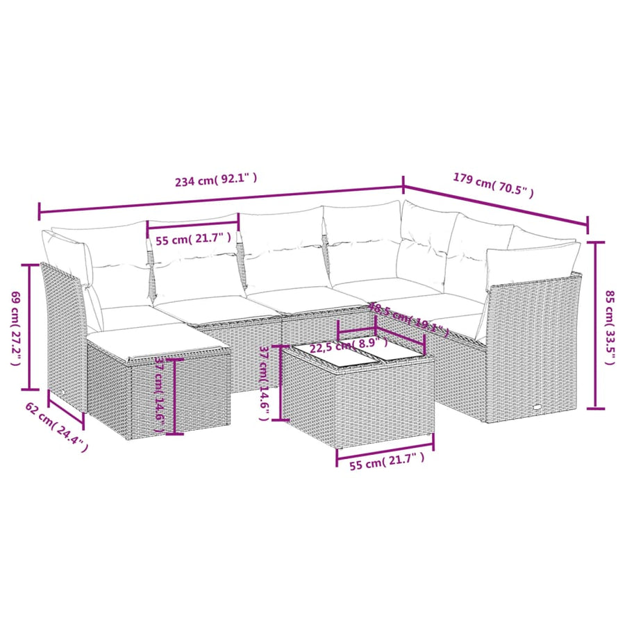8-delige Loungeset met kussens poly rattan lichtgrijs