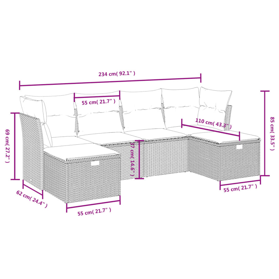 6-delige Loungeset met kussens poly rattan beige