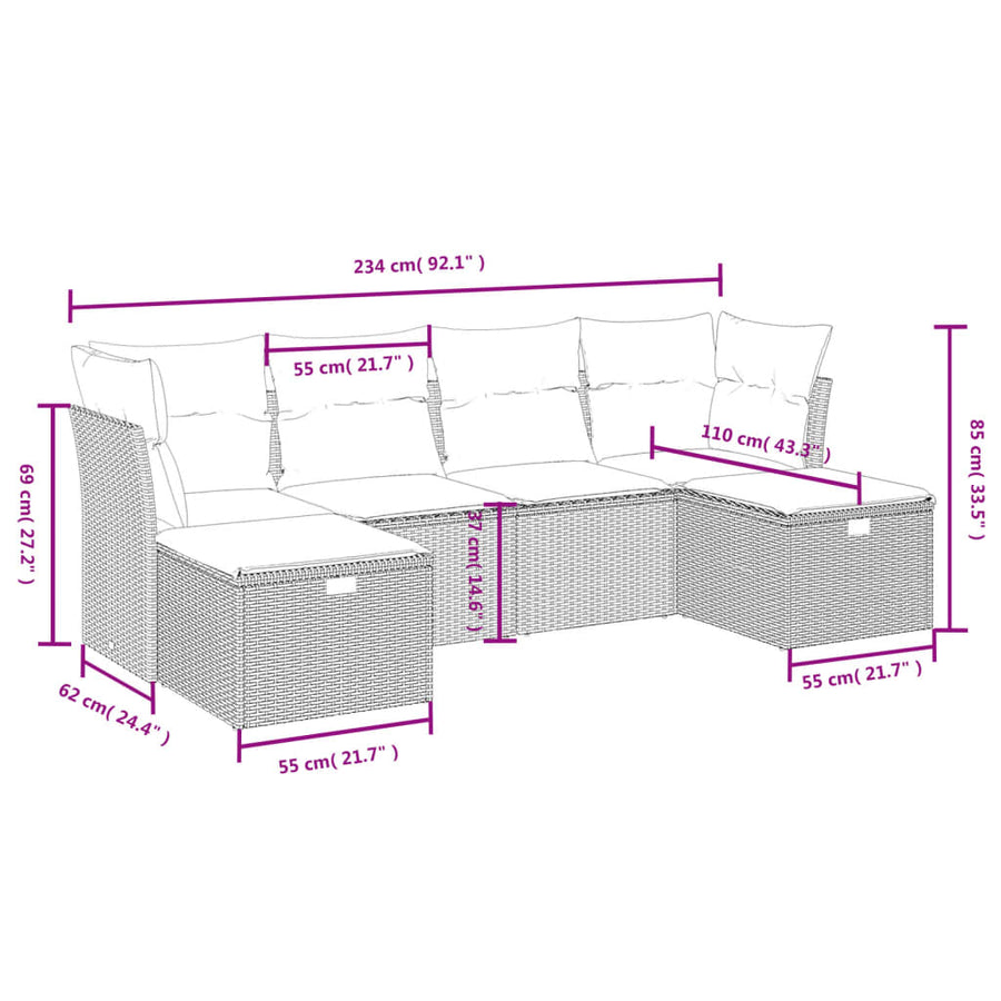 6-delige Loungeset met kussens poly rattan lichtgrijs
