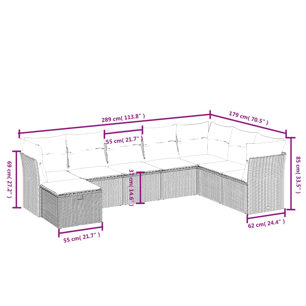 8-delige Loungeset met kussens poly rattan zwart
