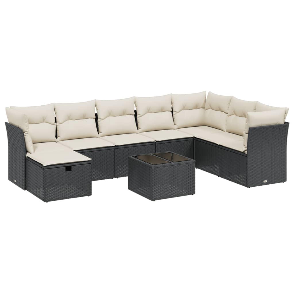 9-delige Loungeset met kussens poly rattan zwart