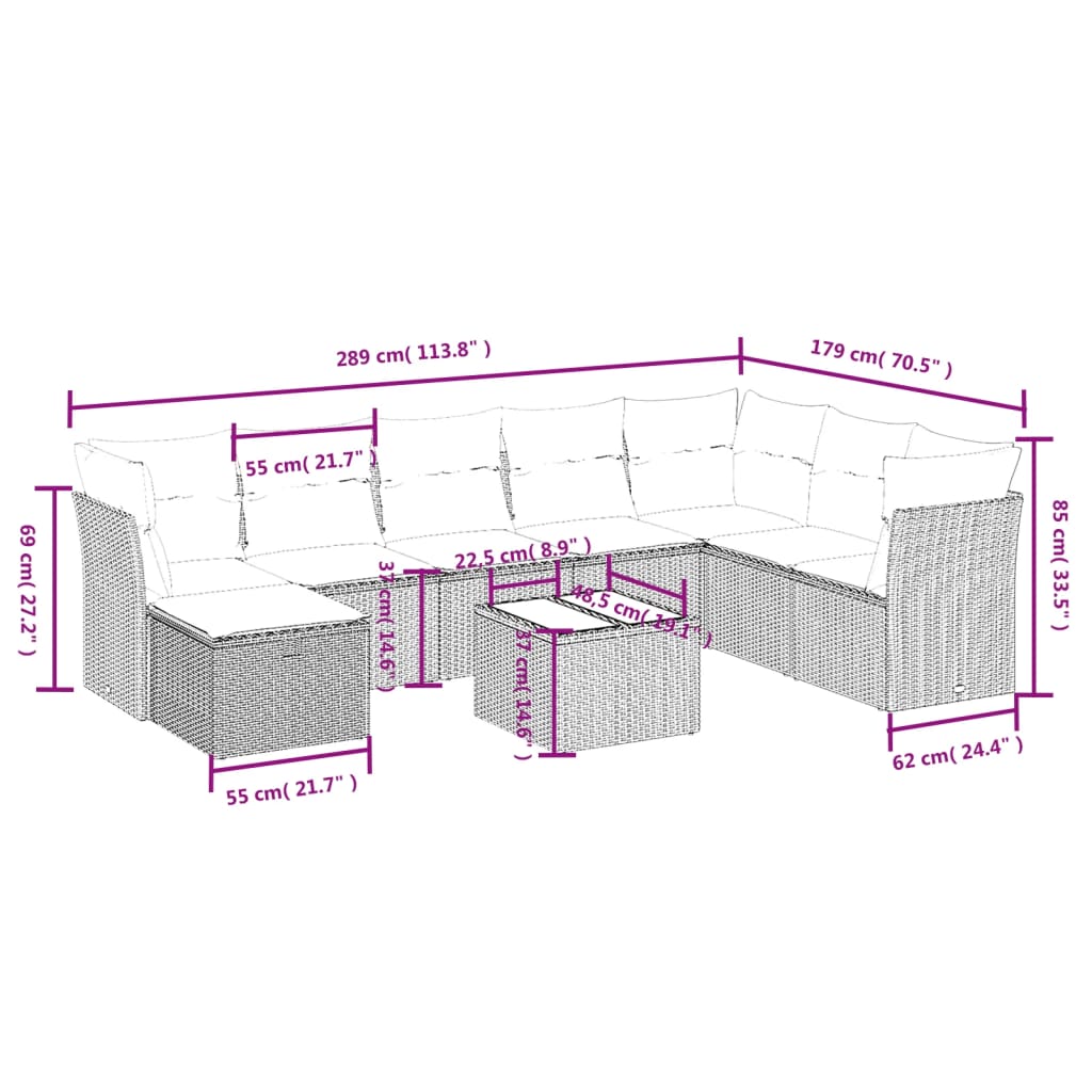 9-delige Loungeset met kussens poly rattan zwart