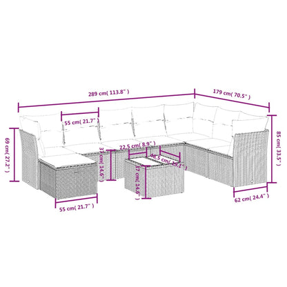 9-delige Loungeset met kussens poly rattan zwart
